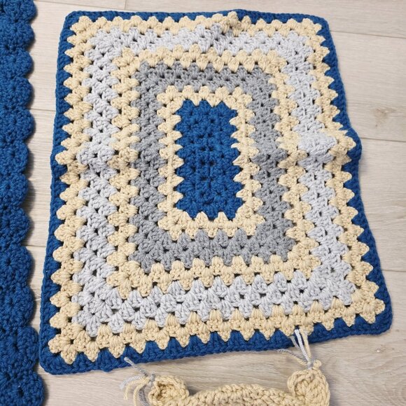 Hand Made Crocheted Baby Blanket Hat Beanie Booties Lovey Blue Gray Tan - Picture 4 of 7